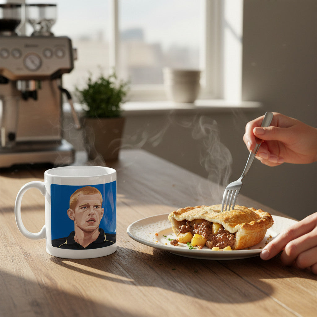 Retrotext Wigan Athletic Ben Watson FA Cup mug next to a steaming meat pie on a wooden table