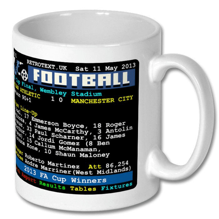 Retrotext Wigan Athletic 2013 FA Cup Winners ceramic mug featuring a retro teletext match report design.