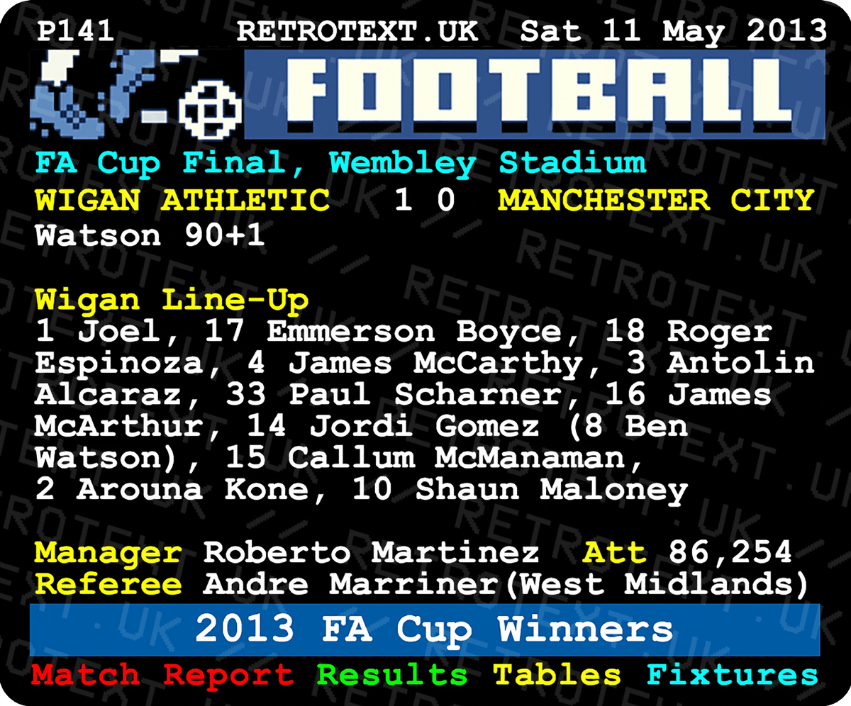 Retrotext Wigan Athletic 2013 FA Cup Winners ceramic mug featuring a nostalgic teletext match report design.