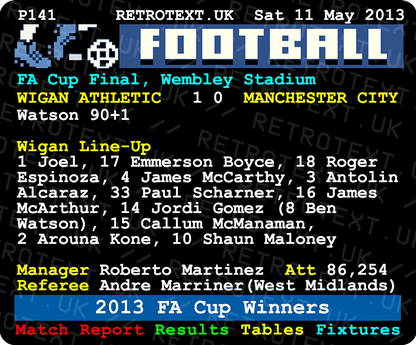 Retrotext Wigan Athletic 2013 FA Cup Winners ceramic mug featuring a nostalgic teletext match report design.