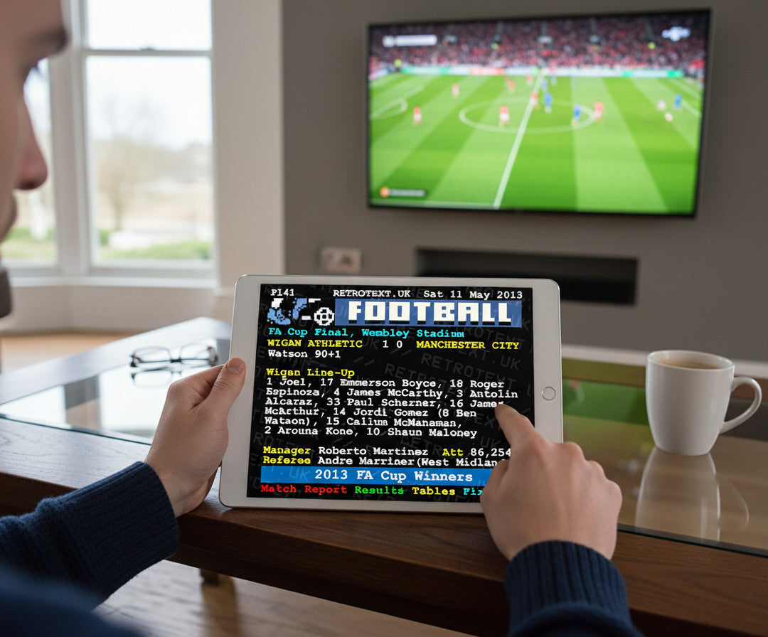 Retrotext Wigan Athletic 2013 FA Cup Winners teletext design mug held by a fan watching a football match on TV