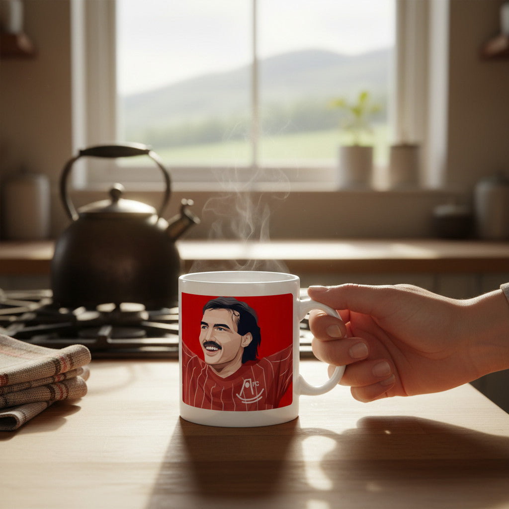 Retrotext ceramic mug featuring a Willie Miller illustration from the 1983 Aberdeen European Cup victory