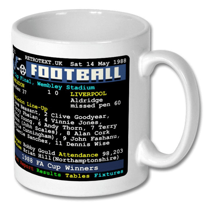 Retrotext white 11oz ceramic mug featuring a 1988 Wimbledon FA Cup final teletext score graphic