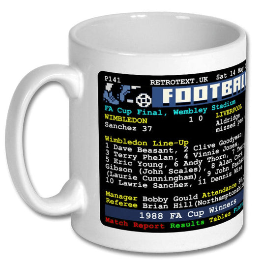 Retrotext white ceramic mug featuring a 1988 Wimbledon FA Cup final teletext score and line-up graphic.