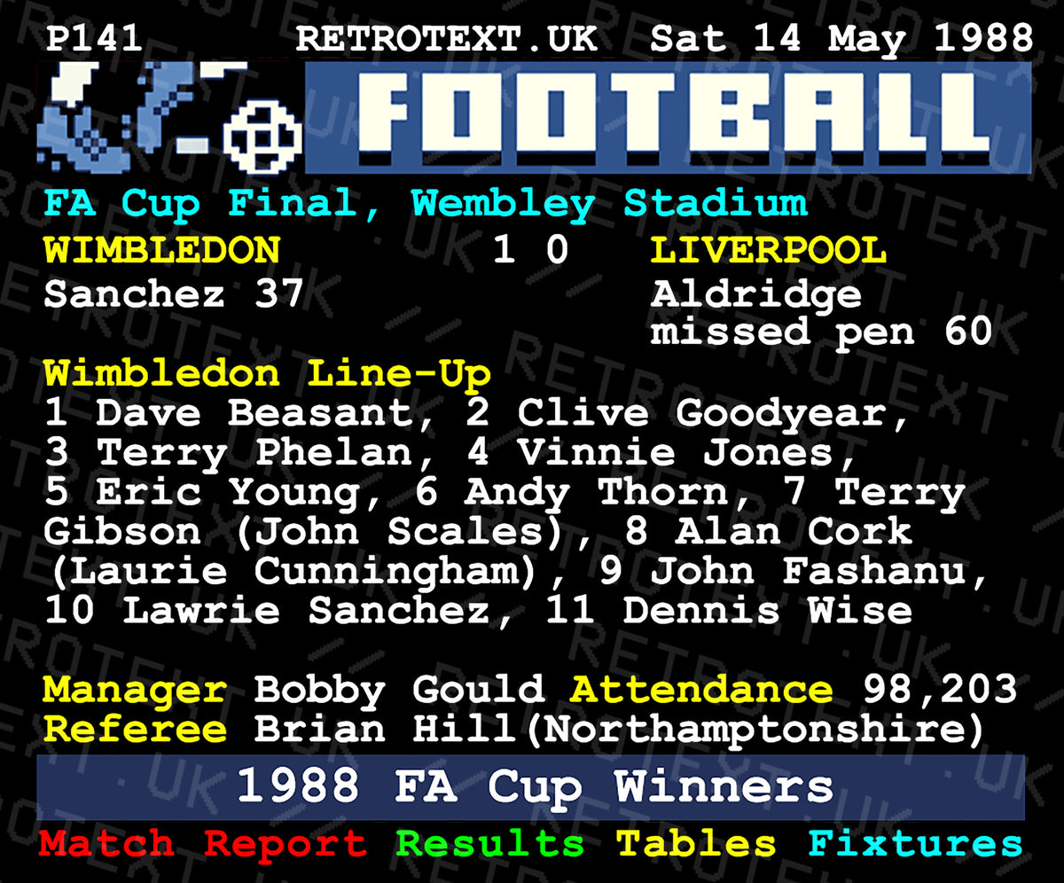 Retrotext 11oz glossy white mug featuring a 1988 FA Cup Final Wimbledon vs Liverpool teletext match report graphic.