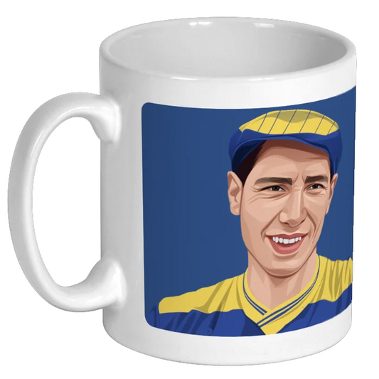 Retrotext 11oz glossy white ceramic mug featuring a Lawrie Sanchez illustration from the 1988 FA Cup final