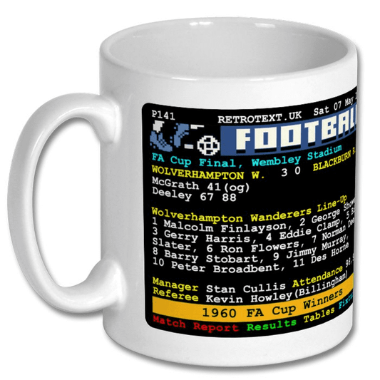 Retrotext white ceramic mug featuring a 1960 Wolverhampton Wanderers FA Cup final teletext match report design.