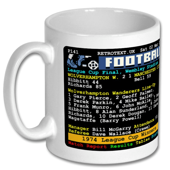 Retrotext Wolverhampton Wanderers 1974 League Cup ceramic mug featuring a vintage teletext match report design
