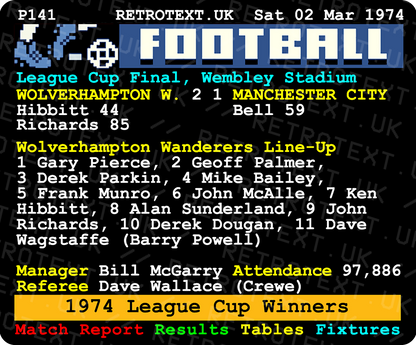 Retrotext Wolverhampton Wanderers 1974 League Cup ceramic mug featuring a vintage teletext match report design