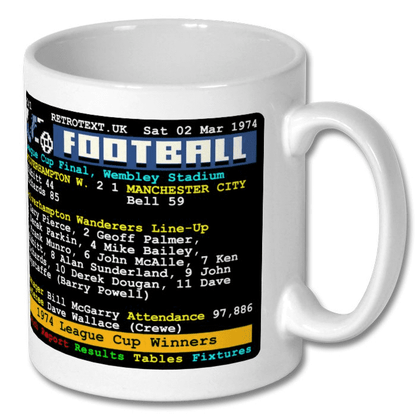 Retrotext Wolverhampton Wanderers 1974 League Cup ceramic mug featuring a vintage teletext match report design.