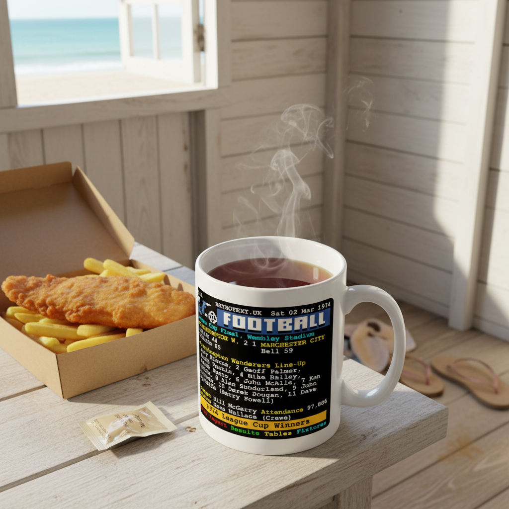 Retrotext Wolverhampton Wanderers 1974 League Cup ceramic mug featuring a vintage teletext design on a wooden table.