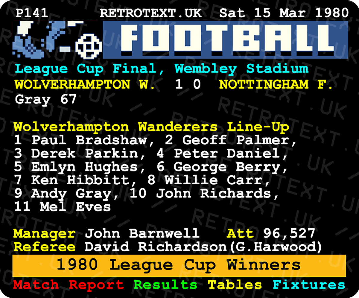 Retrotext Wolverhampton Wanderers 1980 League Cup final teletext design on a glossy white 11oz ceramic mug