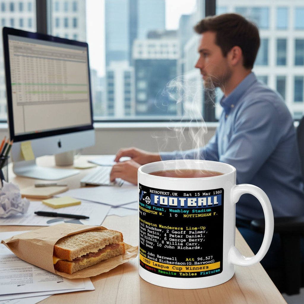 Retrotext Wolverhampton Wanderers 1980 League Cup mug with teletext design on a desk next to a sandwich
