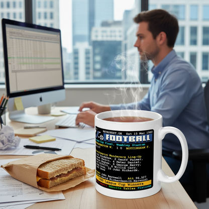 Retrotext Wolverhampton Wanderers 1980 League Cup mug with teletext design on a desk next to a sandwich