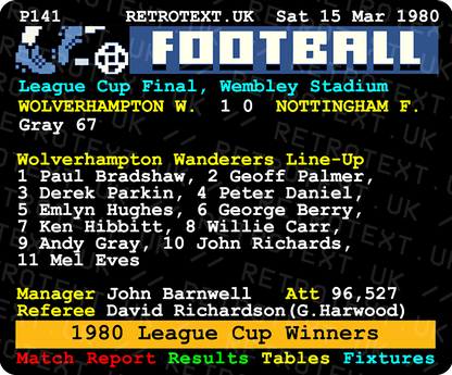 Retrotext Wolverhampton Wanderers 1980 League Cup final teletext design on a glossy white 11oz ceramic mug