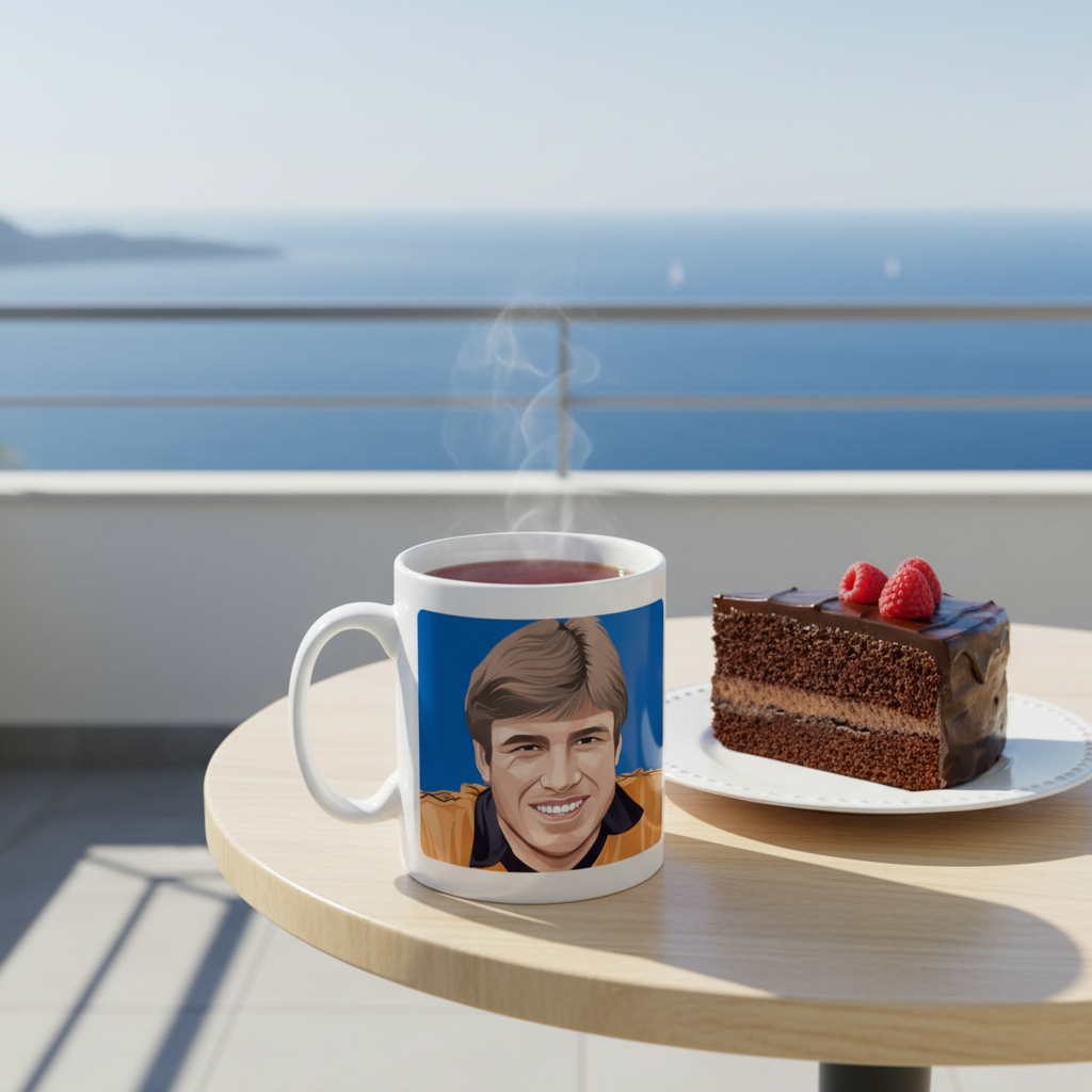 Retrotext white 11oz mug featuring an illustration of Emlyn Hughes, celebrating the 1980 Wolves League Cup win.