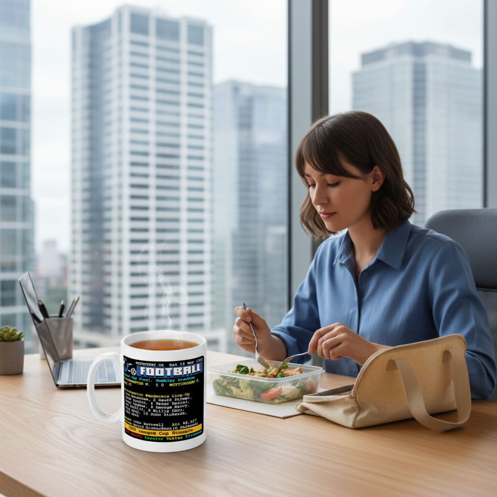 Retrotext Wolverhampton Wanderers 1980 League Cup Andy Gray Teletext mug on a desk next to a woman eating lunch.