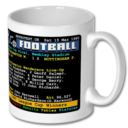 Retrotext white ceramic mug featuring a 1980 Wolverhampton Wanderers League Cup final teletext match report design