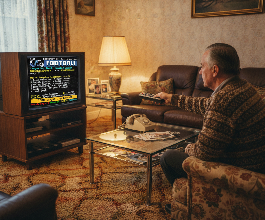 Retrotext Wolverhampton Wanderers 1980 League Cup Andy Gray Teletext mug with glossy white finish on a living room table
