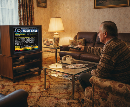 Retrotext Wolverhampton Wanderers 1980 League Cup Andy Gray Teletext mug with glossy white finish on a living room table