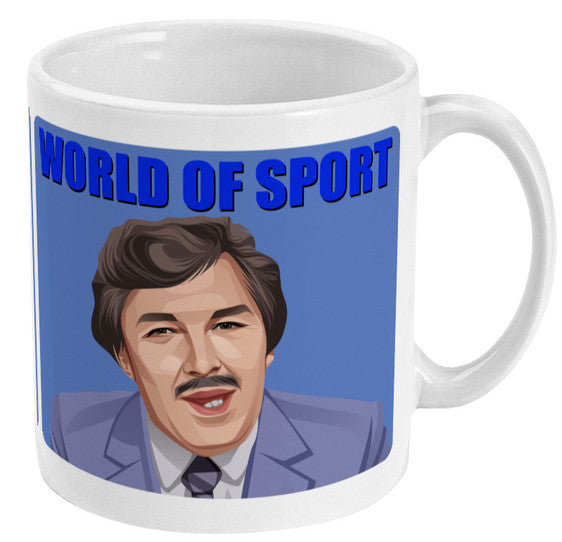 Retrotext 11oz glossy white ceramic mug featuring a graphic illustration of Dickie Davies from World Of Sport