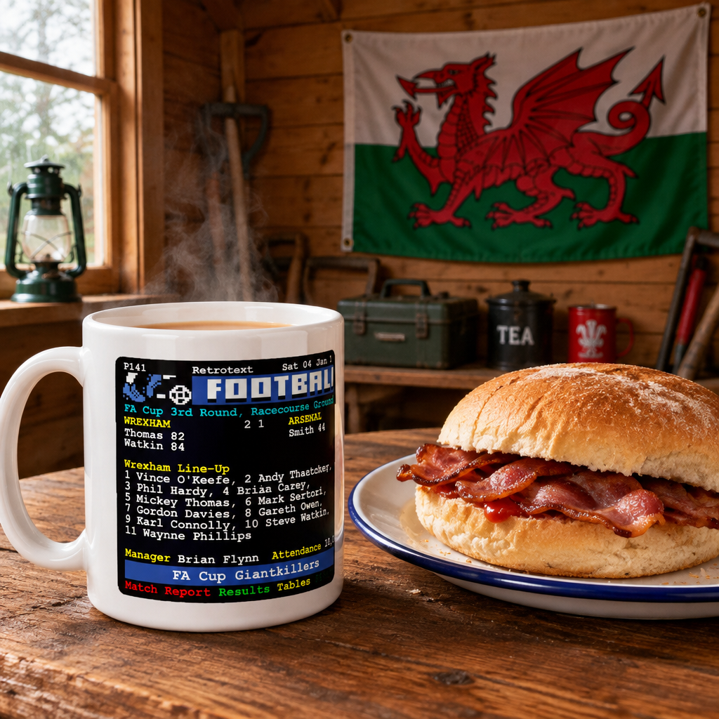 Retrotext 11oz white ceramic mug featuring a 1992 Wrexham vs Arsenal FA Cup Teletext match report design