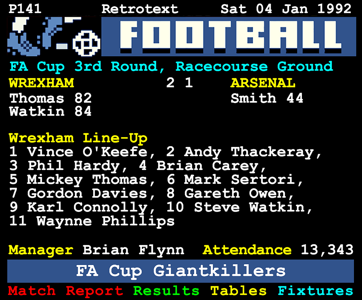 Retrotext 11oz white ceramic mug featuring a 1992 Wrexham vs Arsenal FA Cup Teletext match report graphic
