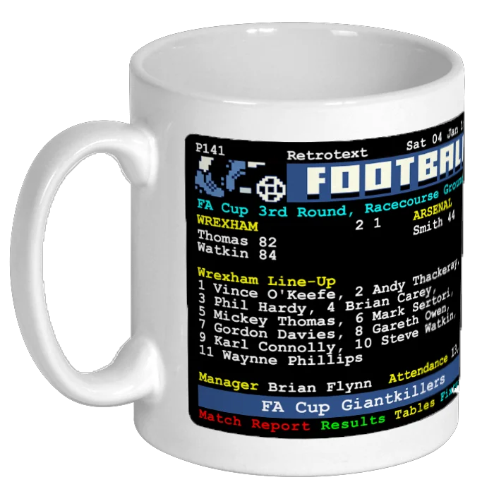 Retrotext 11oz white ceramic mug featuring a 1992 Wrexham vs Arsenal FA Cup Teletext match report graphic