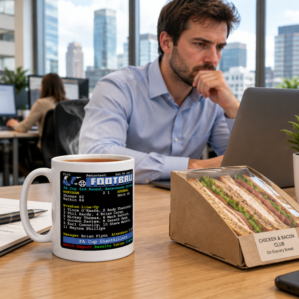 Retrotext 11oz white ceramic mug featuring a 1992 Wrexham vs Arsenal FA Cup match Teletext graphic on a desk