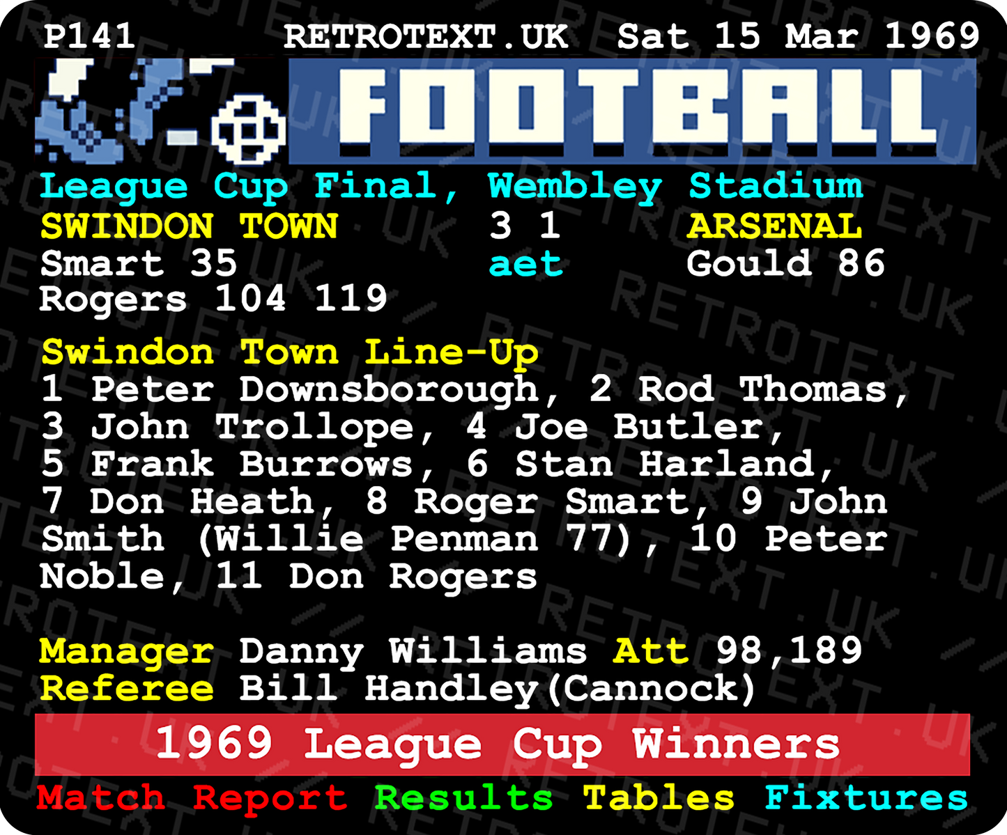 Swindon Town 1969 League Cup Winners Teletext Mug