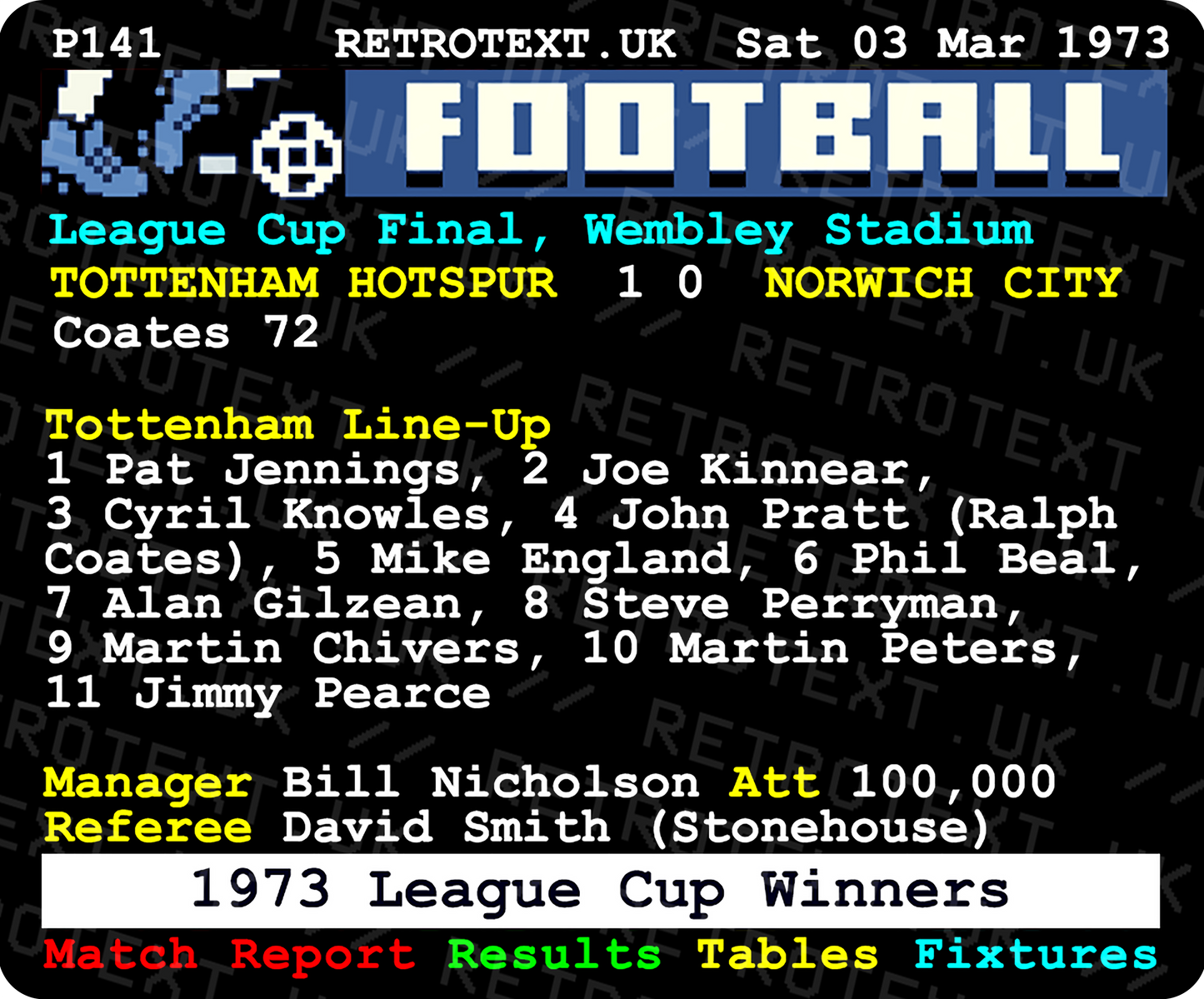 Tottenham Hotspur 1973 League Cup Winners Bill Nicholson Teletext Mug