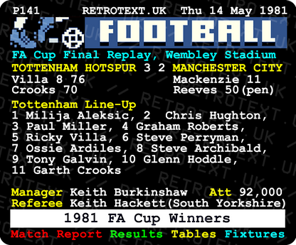 Tottenham Hotspur 1981 FA Cup Winners Ricky Villa Teletext Mug