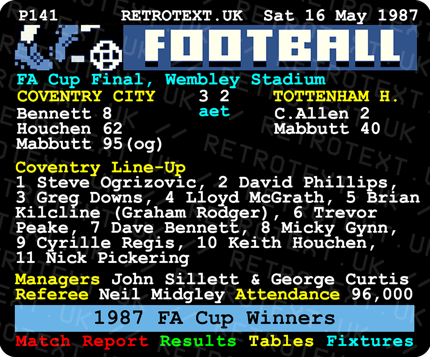 1987 Coventry City 3 Tottenham Hotspur 2 Keith Houchen Teletext Mug