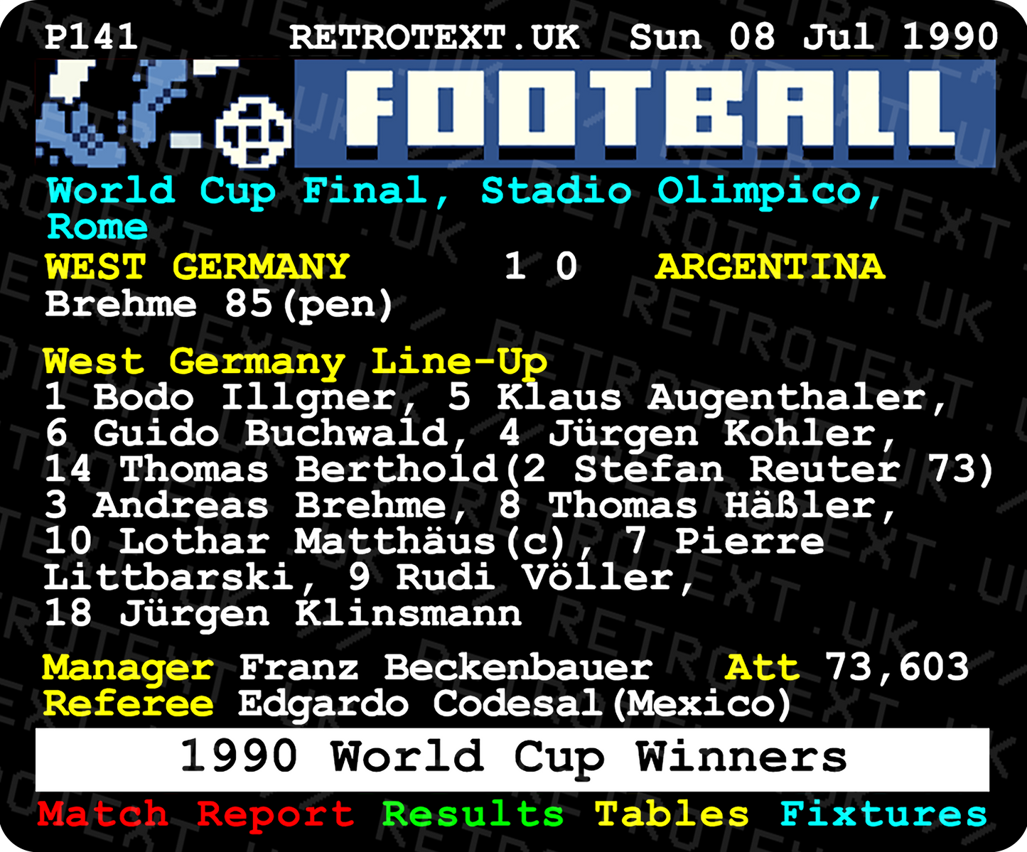 Germany 1990 World Cup Winners Teletext Mug