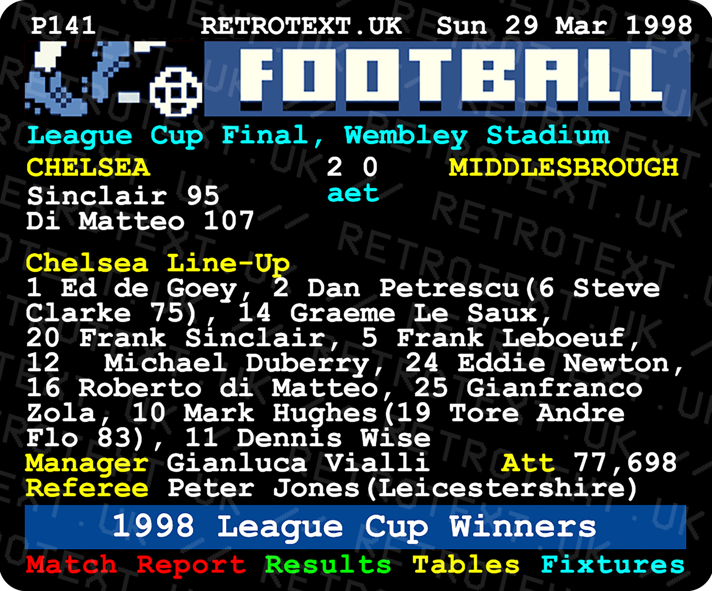 Chelsea 1998 League Cup Winners Teletext Mug