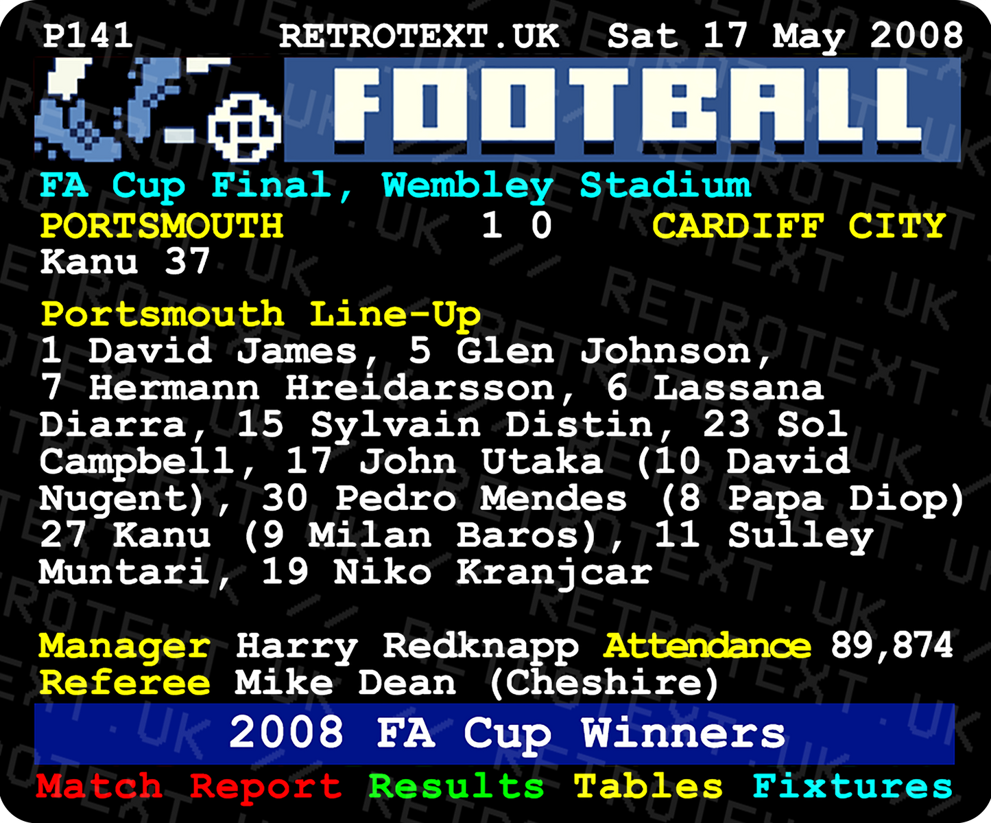 Portsmouth 2008 FA Cup Winners Kanu Teletext Mug