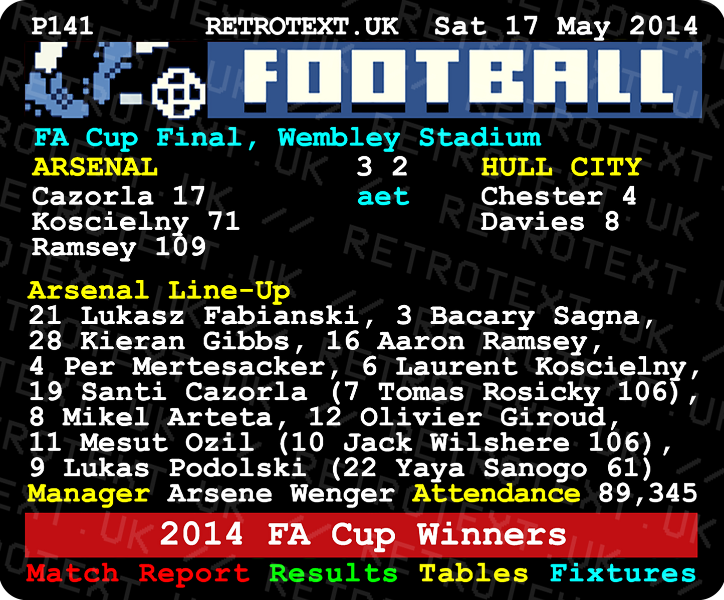 Arsenal 2014 FA Cup Winners Arsene Wenger Teletext Mug