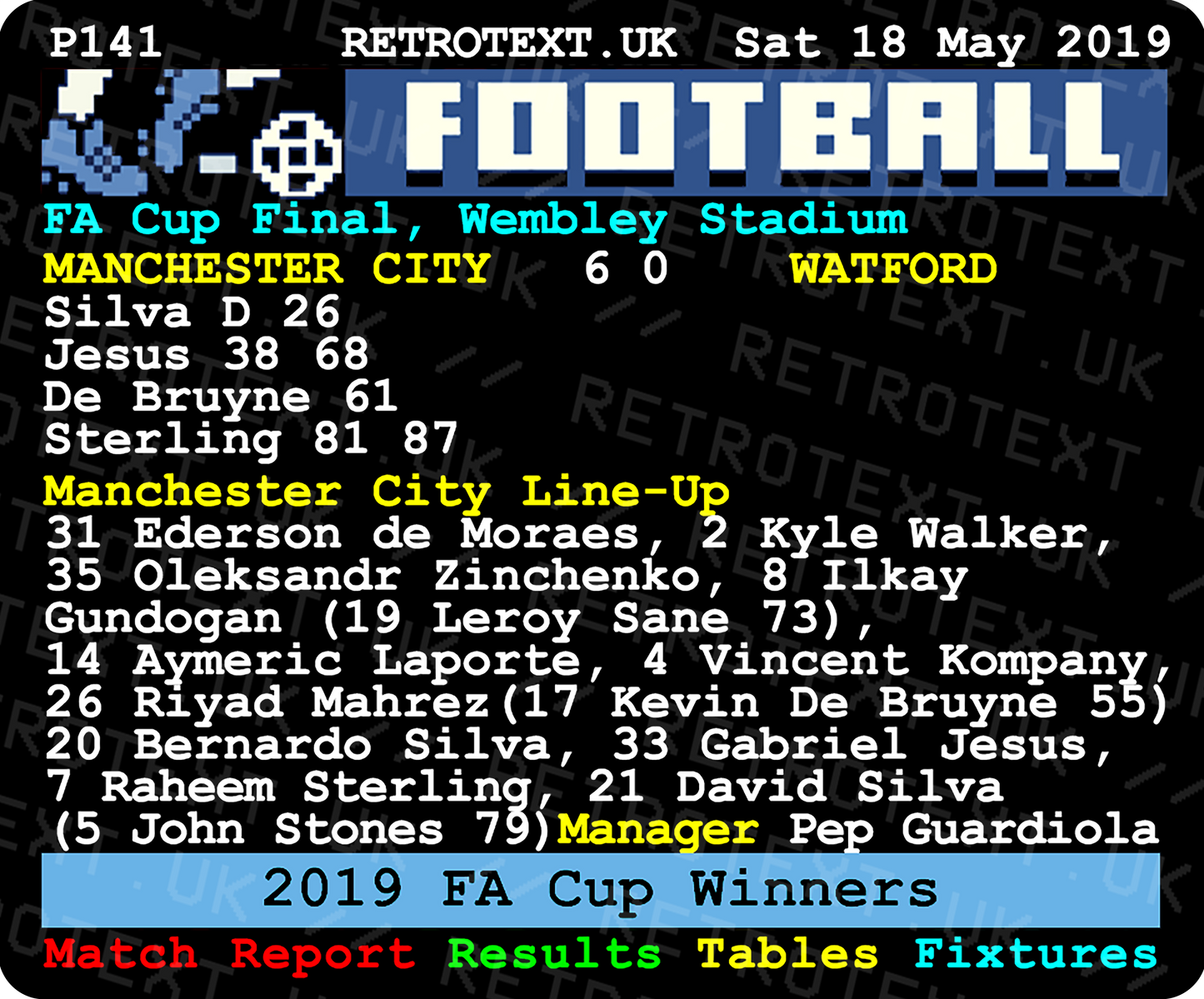 Manchester City 2019 FA Cup Winners Pep Guardiola Teletext Mug