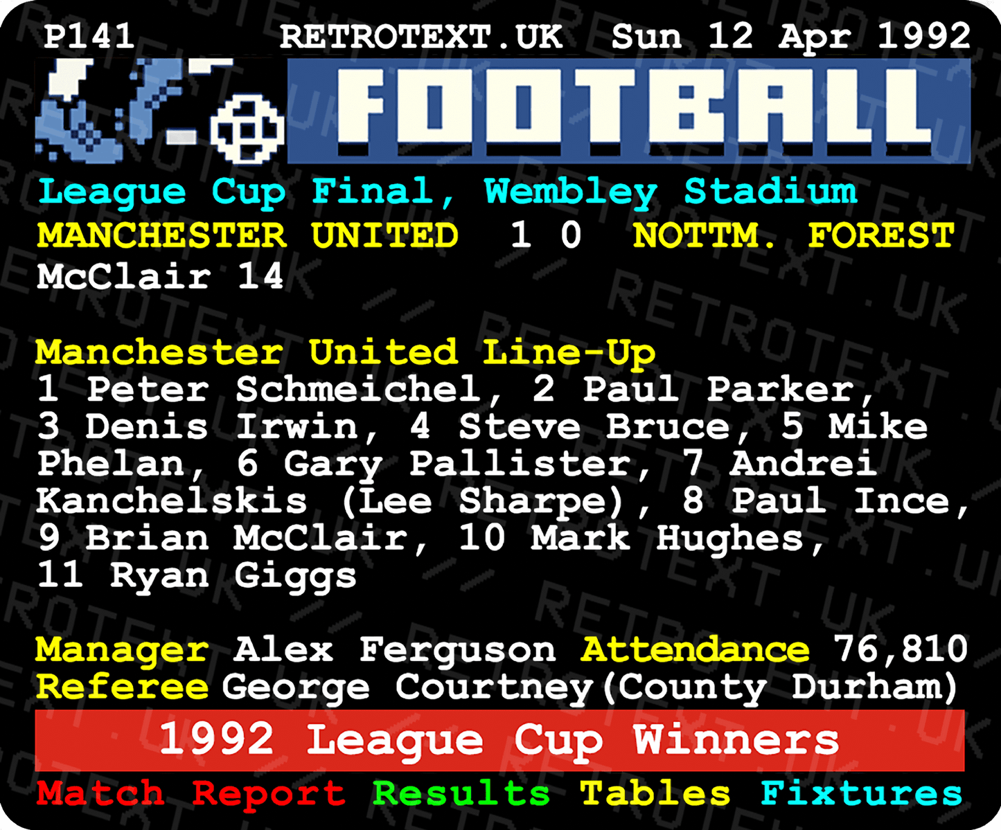 Manchester United 1992 League Cup Winners Alex Ferguson Teletext Mug
