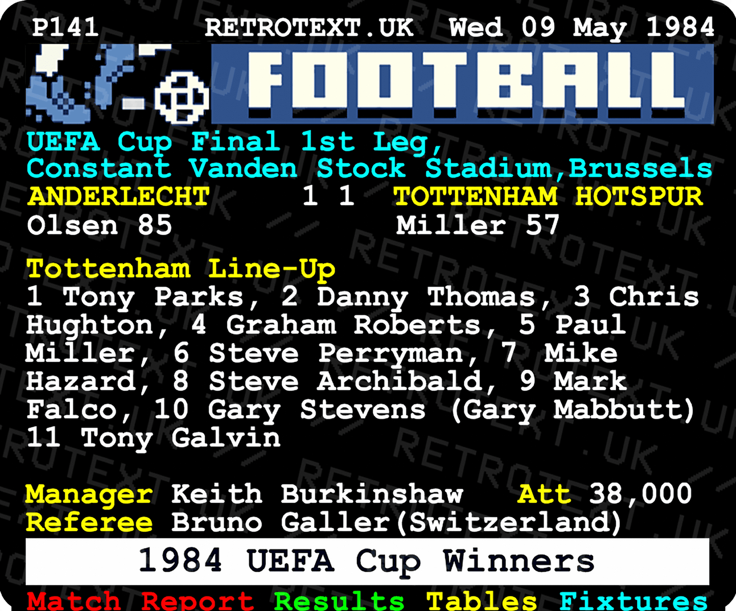 Tottenham Hotspur 1984 UEFA Cup Winners Teletext Mug