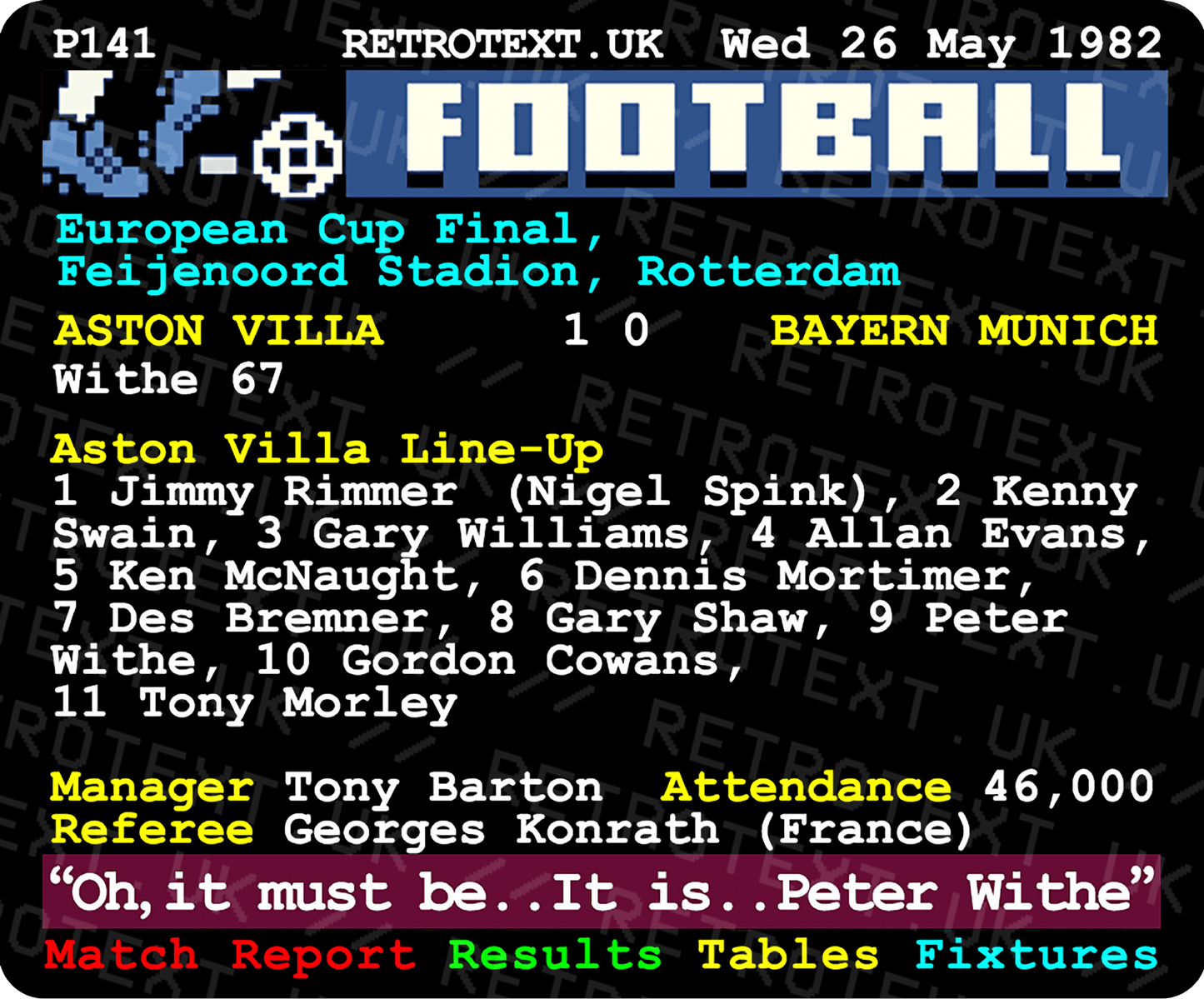 Aston Villa 1982 'Oh, It Must Be' Brian Moore Teletext Mug