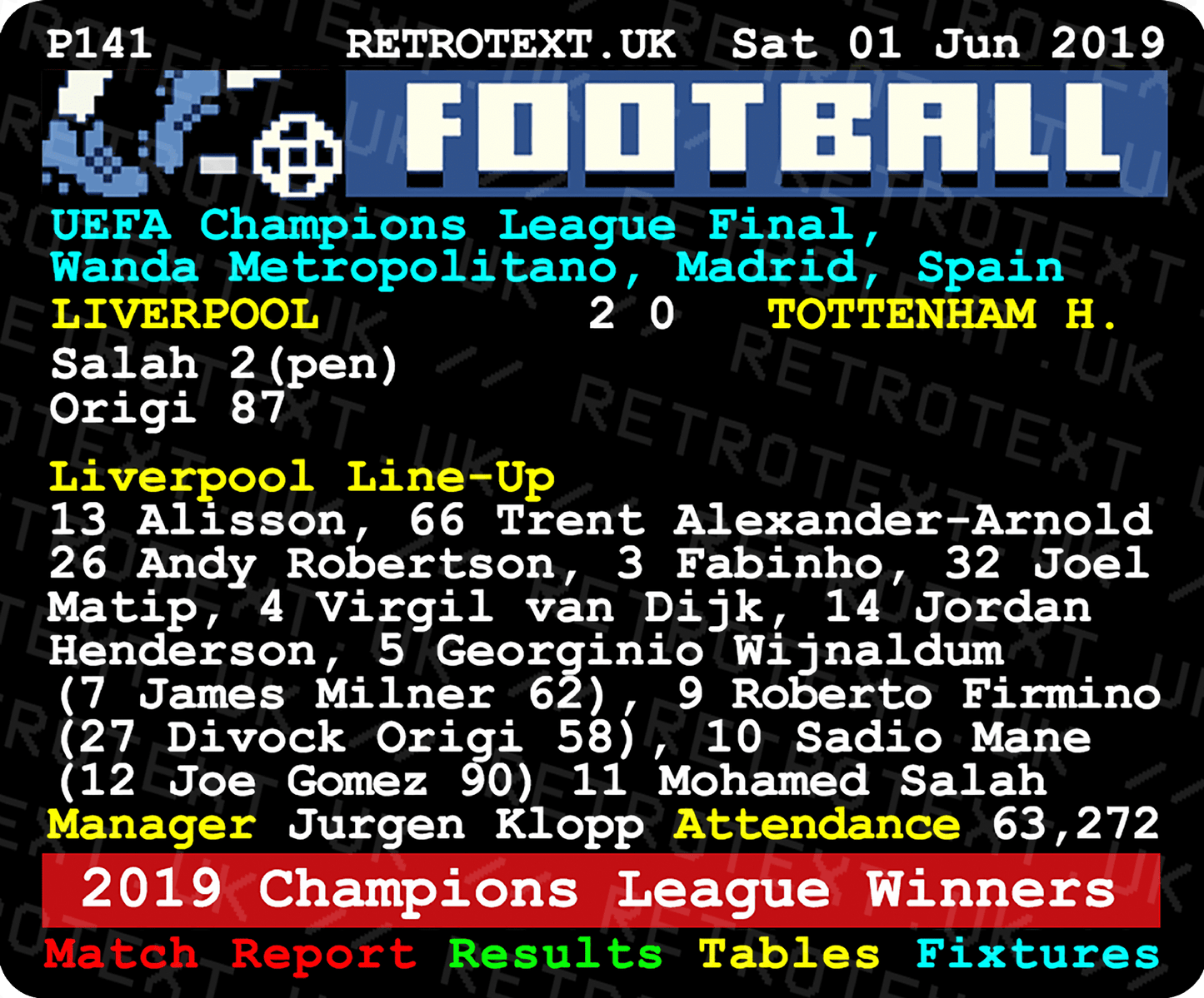 Liverpool 2019 Champions League Winners Teletext Mug