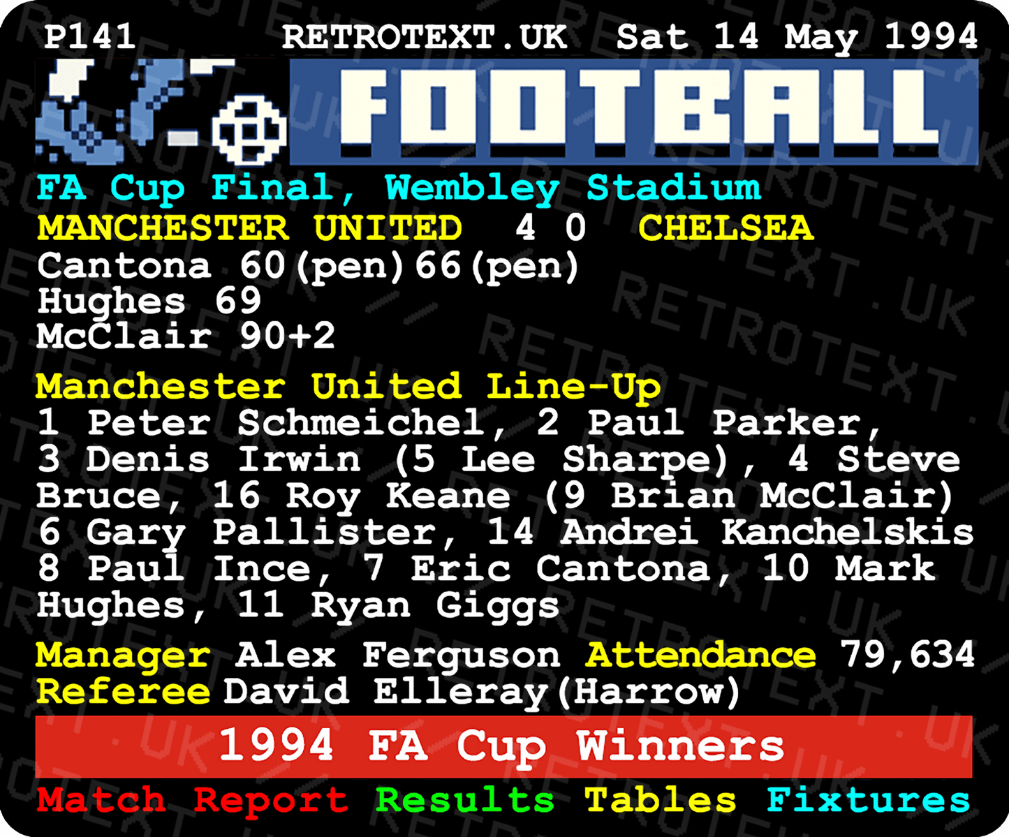Manchester United 1994 FA Cup Winners Eric Cantona Teletext Mug